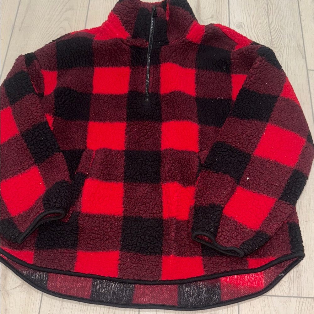 Old Navy Kids Red & Black Buffalo Plaid Sherpa Half-Zip Pullover